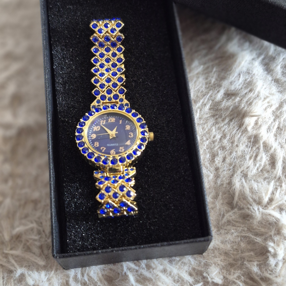 Gold-Tone Women's Watch with Royal Blue Crystal Accents